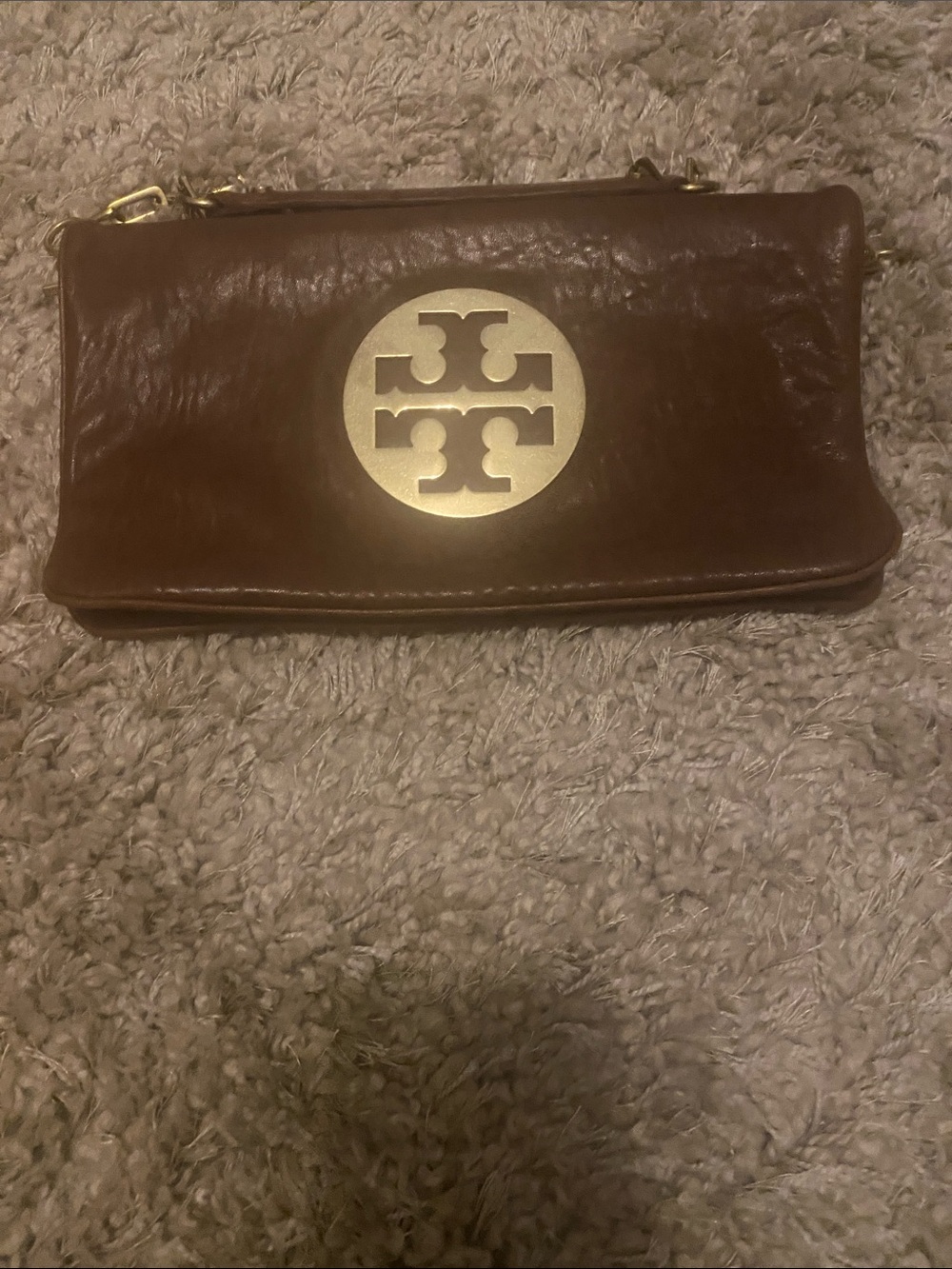 Tory Burch Brown Leather Clutch with Gold Emblem